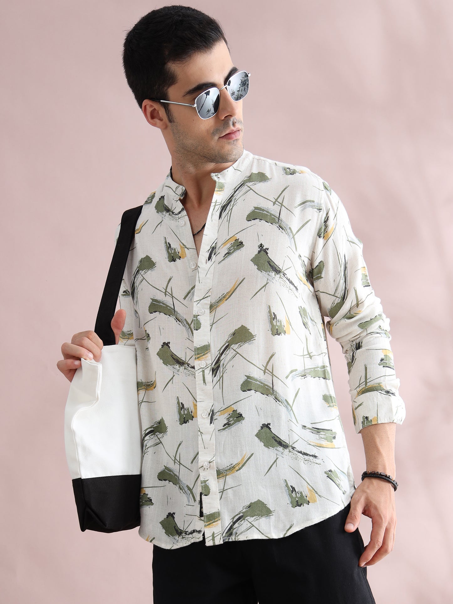 Men's Abstract Brushstroke Printed Casual Shirt – White & Olive