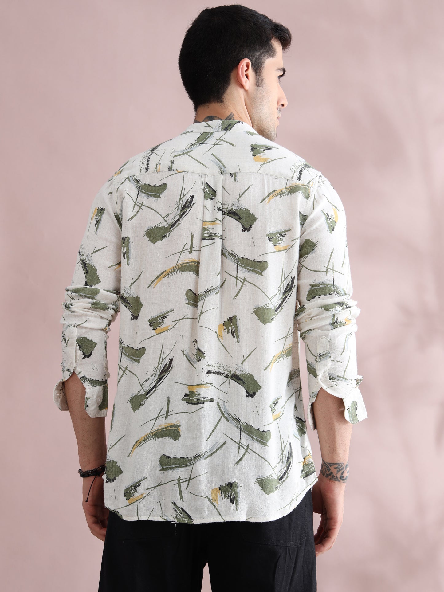 Men's Abstract Brushstroke Printed Casual Shirt – White & Olive