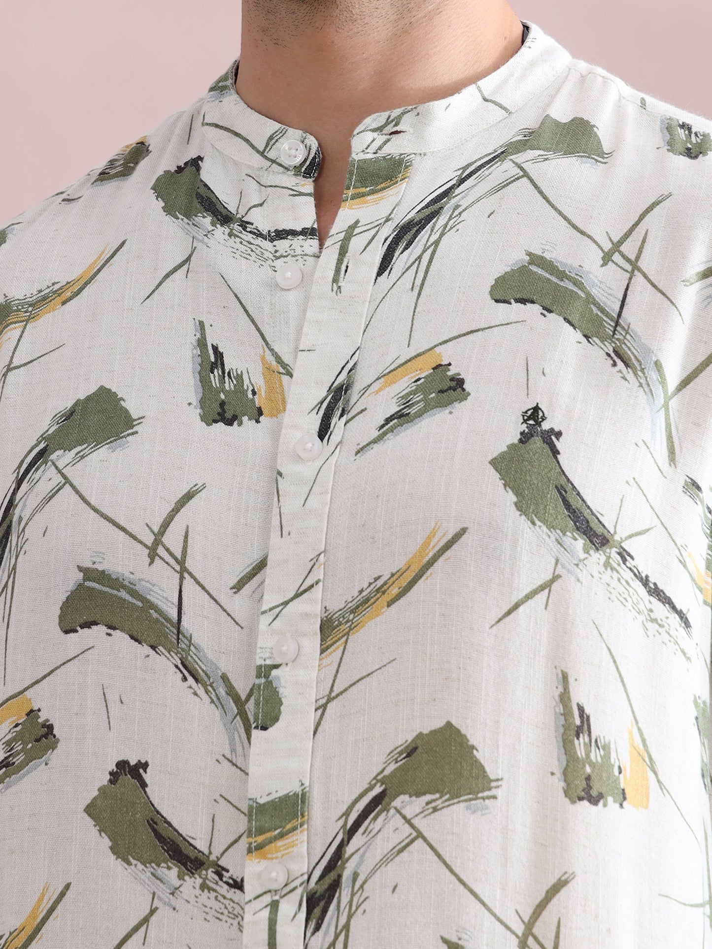 Men's Abstract Brushstroke Printed Casual Shirt – White & Olive