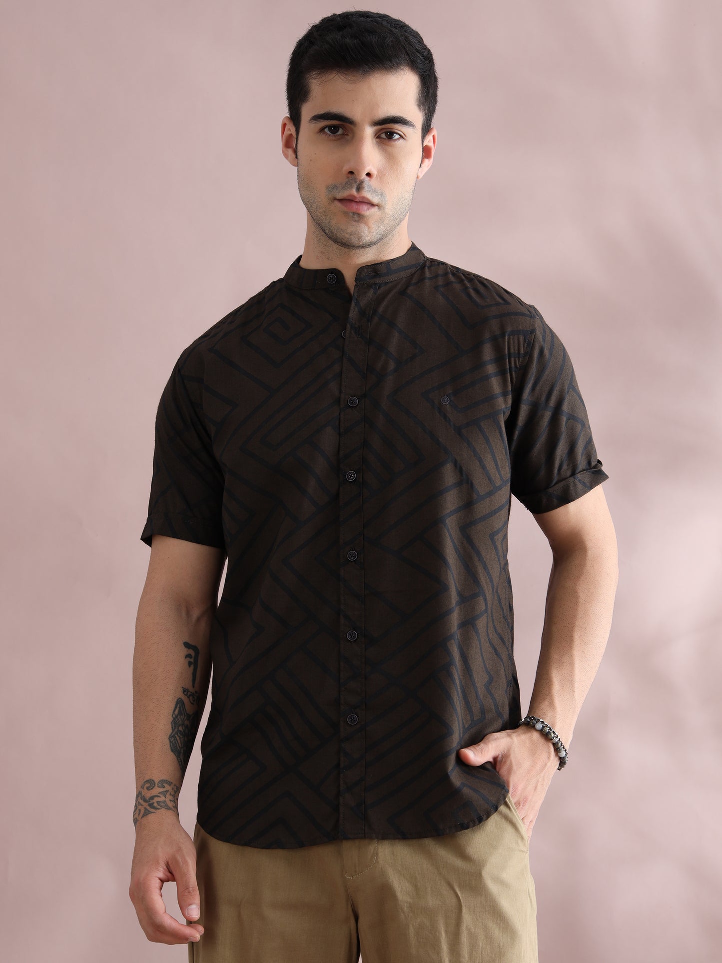 Men's Brown Patterned Mandarin Collar Shirt