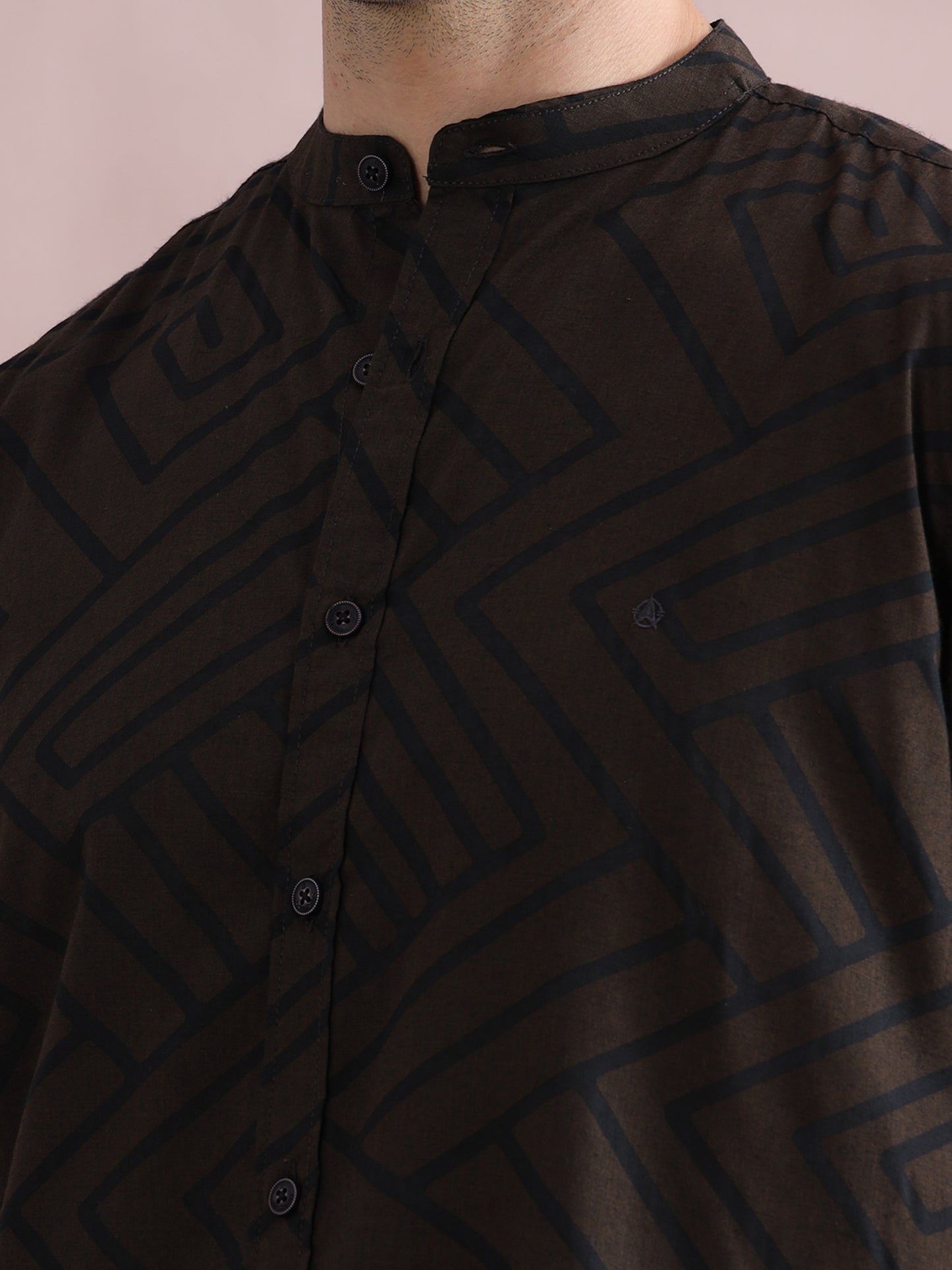 Men's Brown Patterned Mandarin Collar Shirt