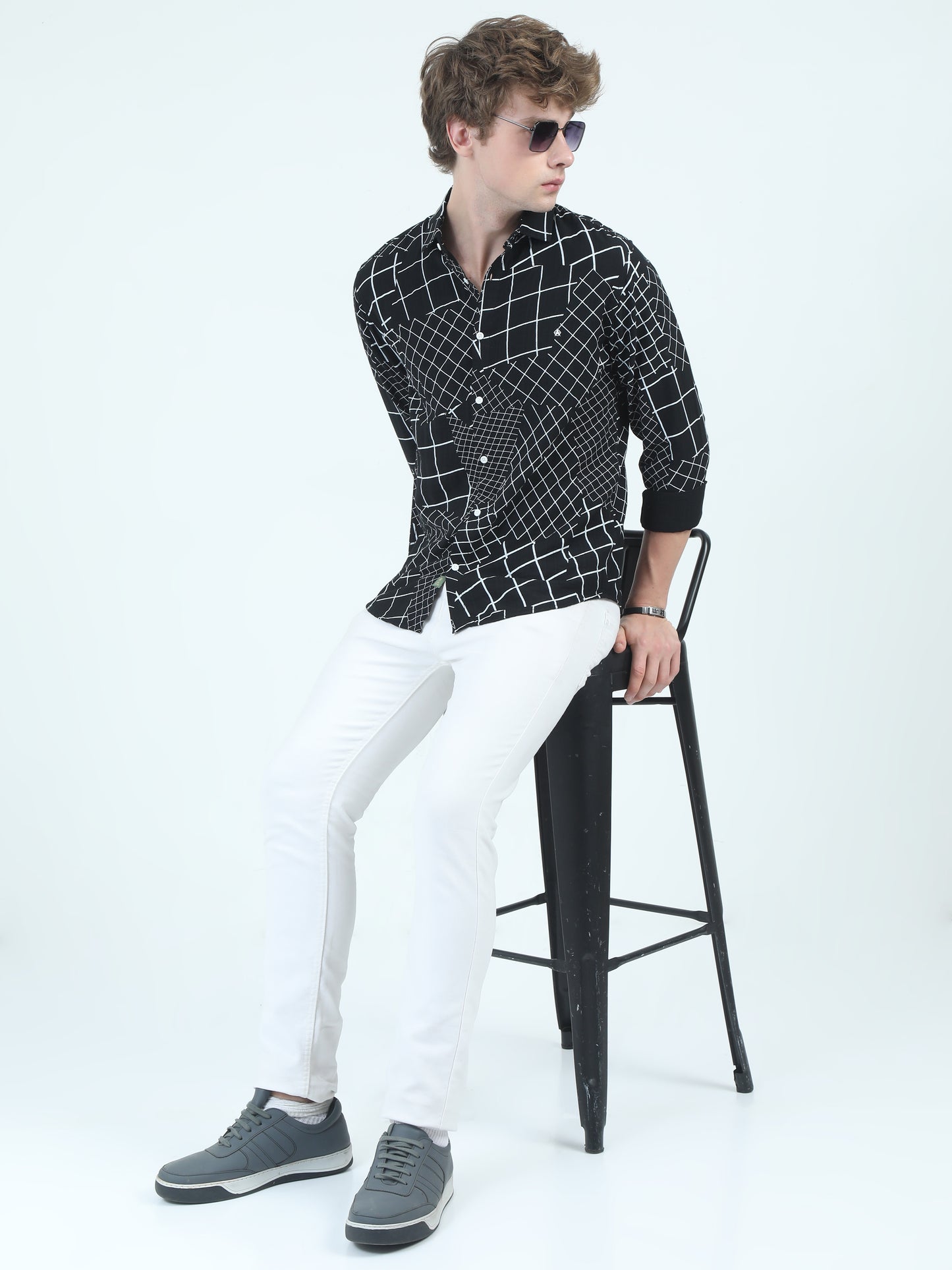 Men's Black & White Grid Patchwork Print Casual Shirt