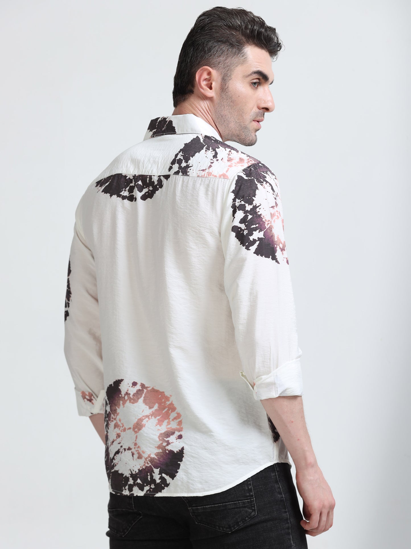 Men's Abstract Tie-Dye Inspired Print Casual Shirt – White & Charcoal Accents