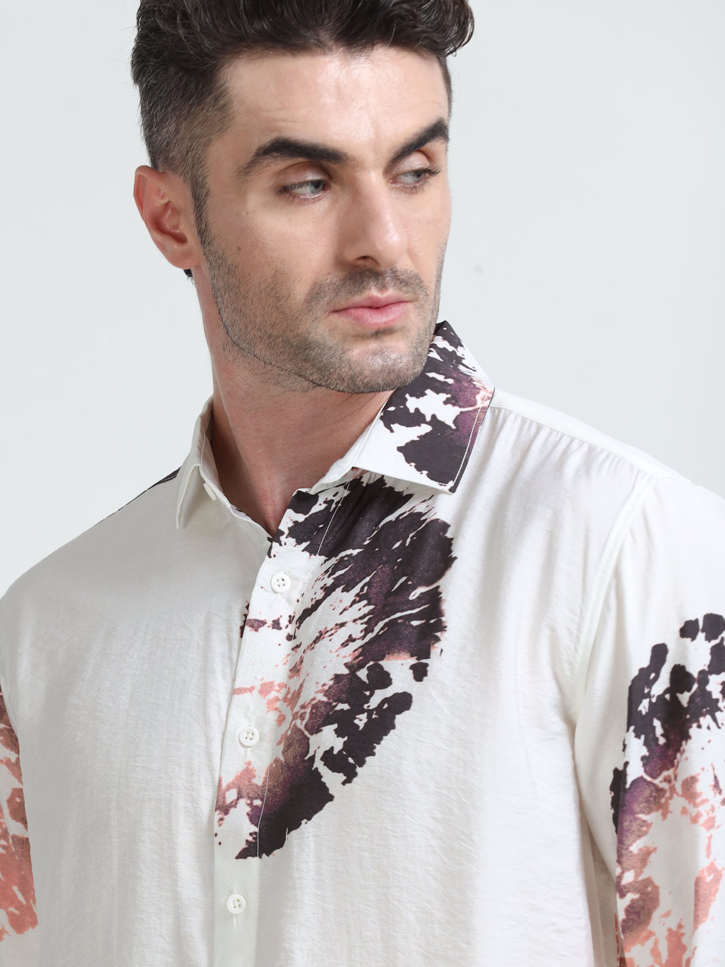 Men's Abstract Tie-Dye Inspired Print Casual Shirt – White & Charcoal Accents