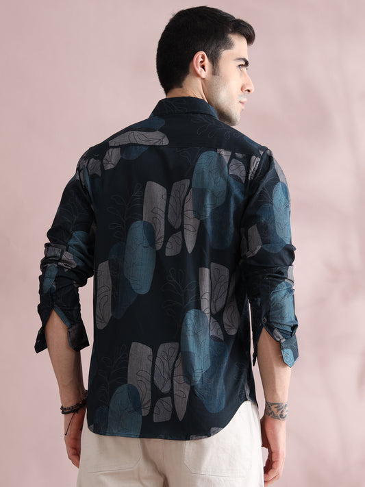 Men's Black Abstract Leaf Print Long Sleeve Shirt