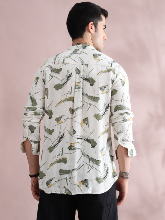 Men's Abstract Brushstroke Printed Casual Shirt – White & Olive