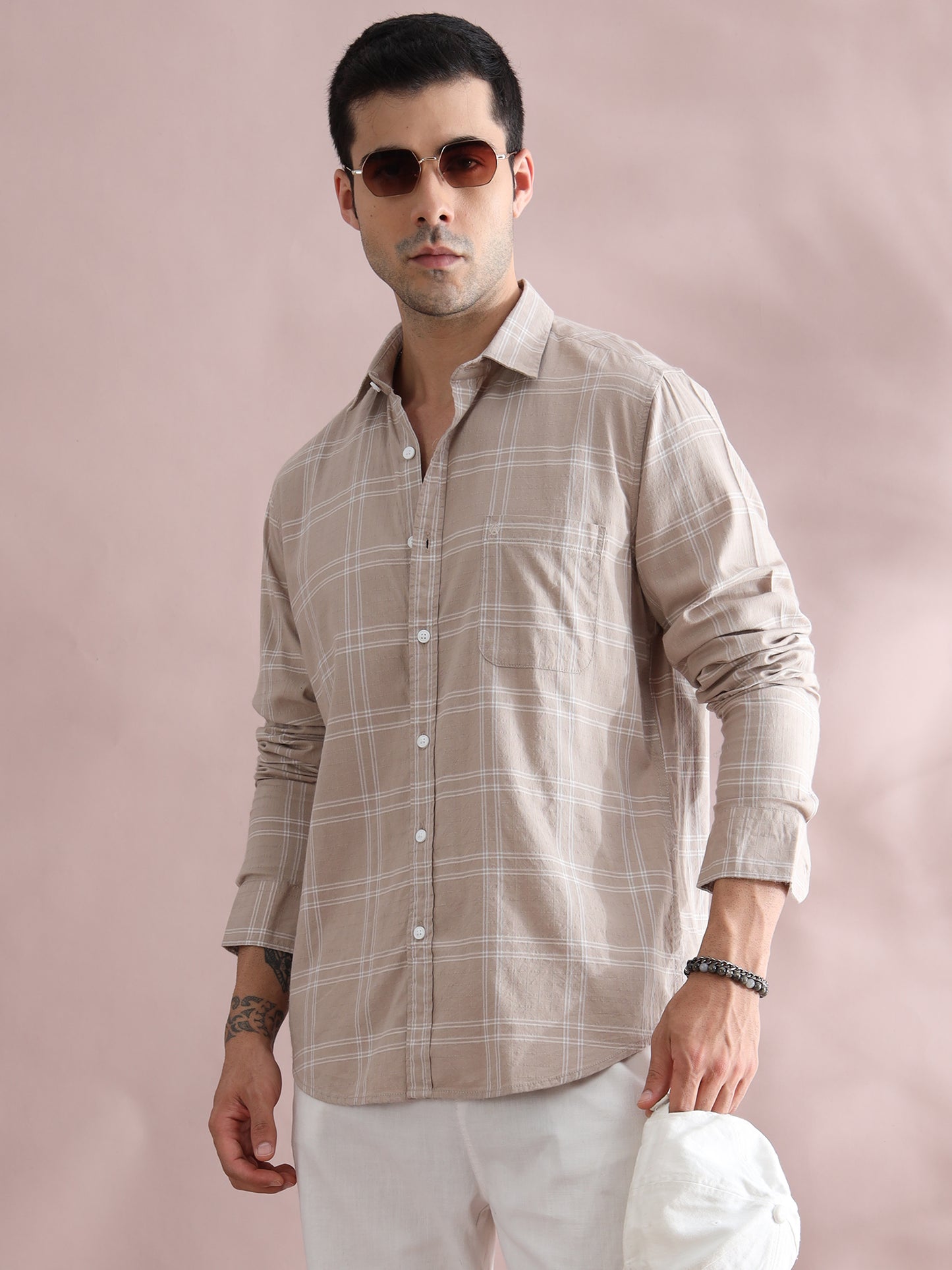 Men's Beige and White Plaid Casual Shirt