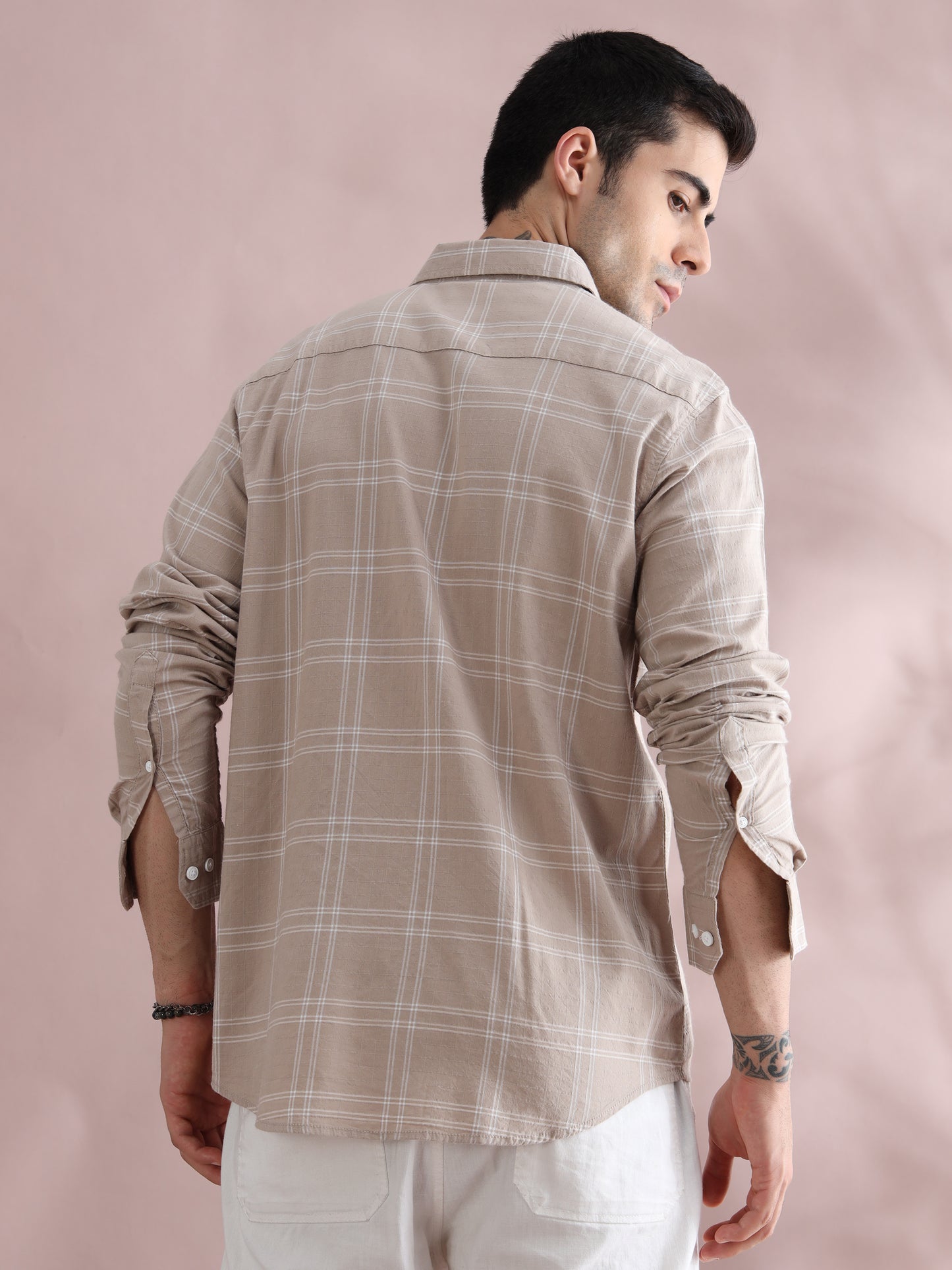 Men's Beige and White Plaid Casual Shirt