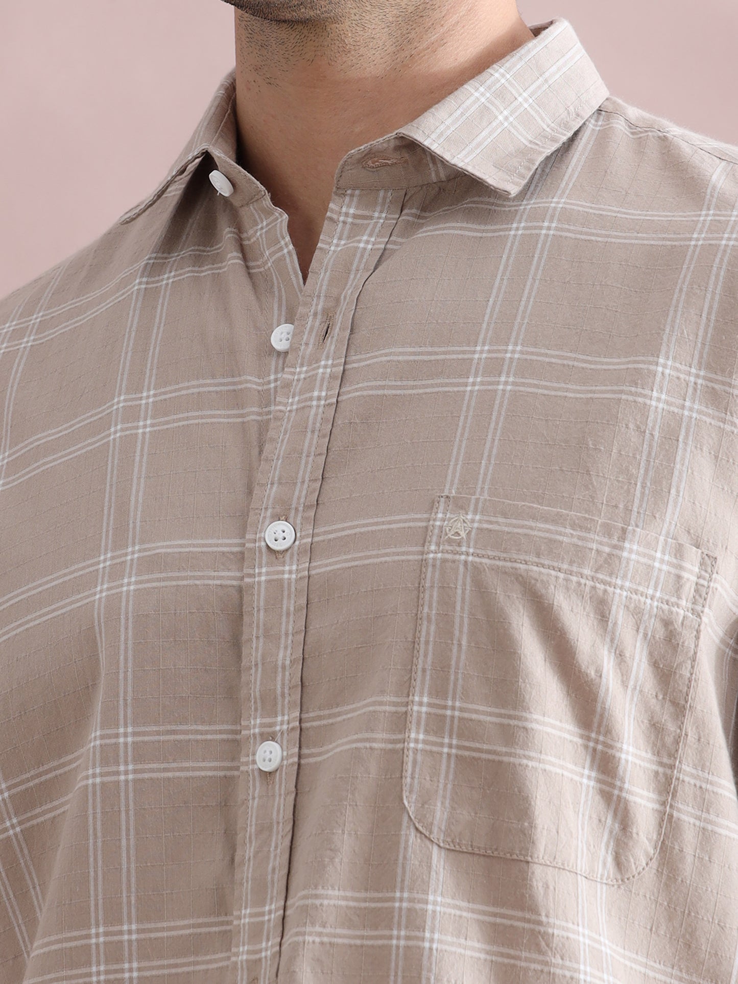 Men's Beige and White Plaid Casual Shirt