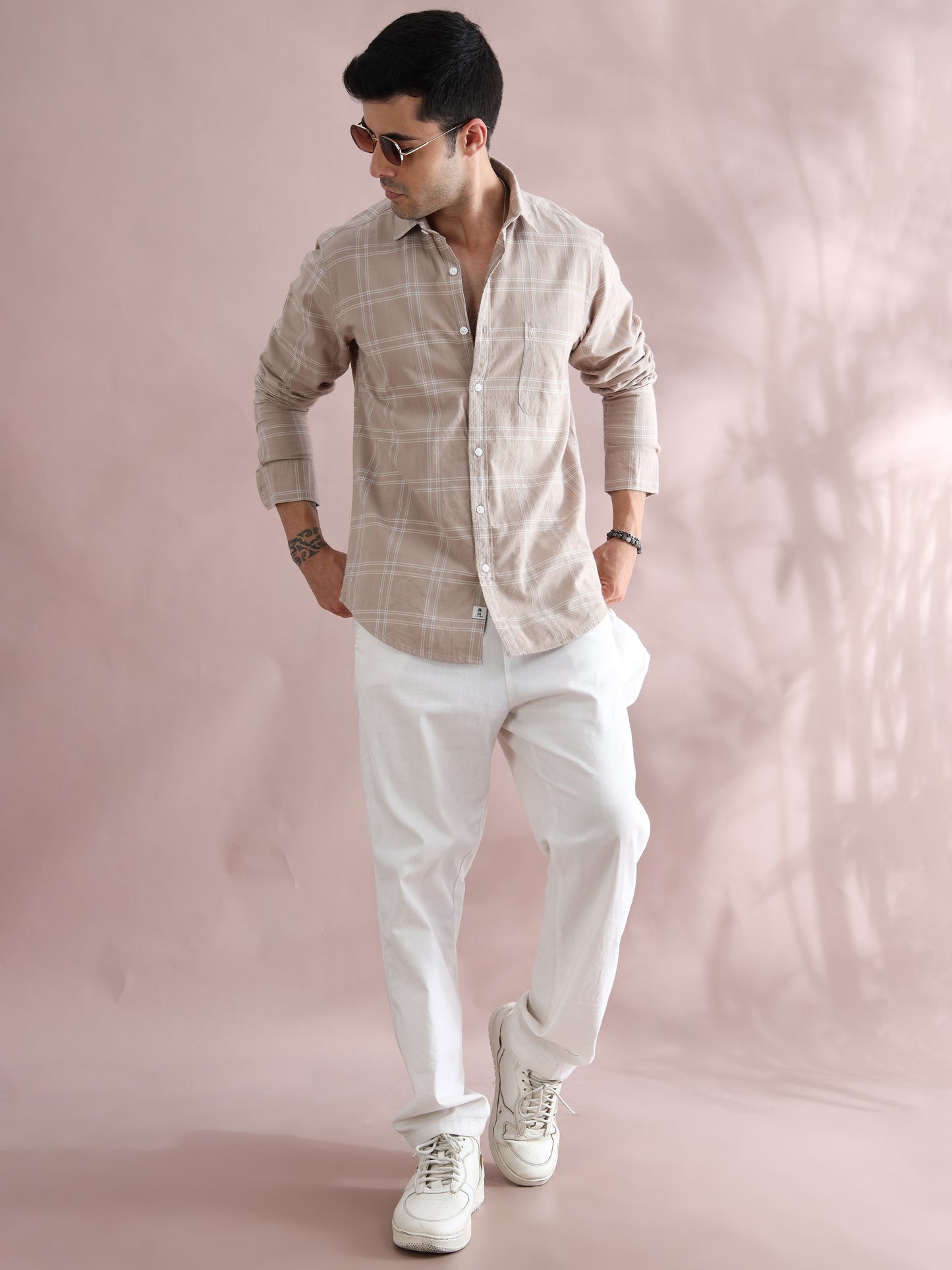 Men's Beige and White Plaid Casual Shirt