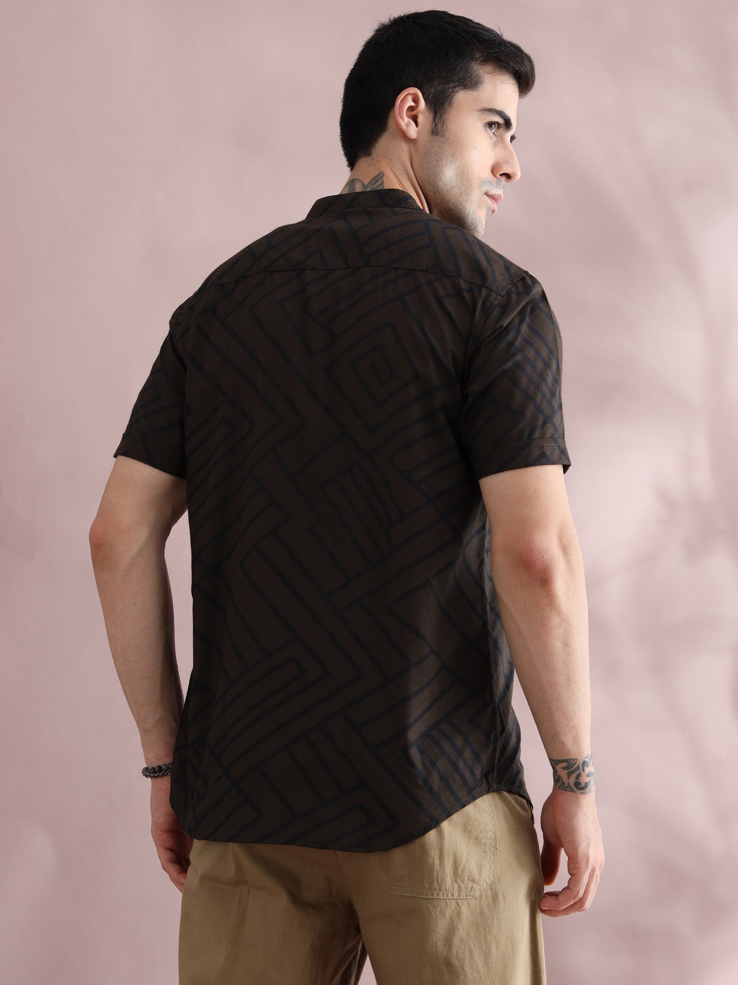 Men's Brown Patterned Mandarin Collar Shirt