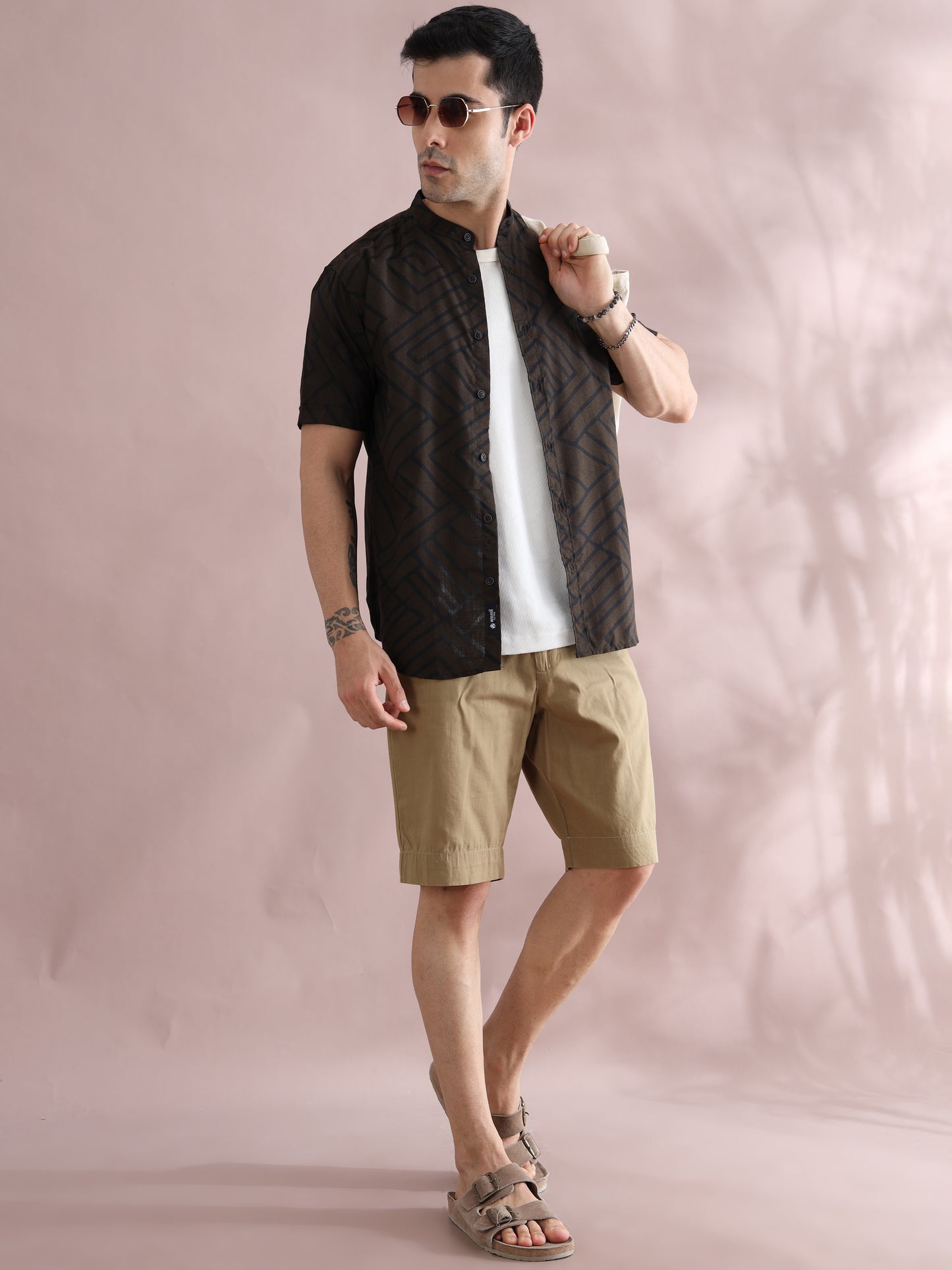 Men's Brown Patterned Mandarin Collar Shirt