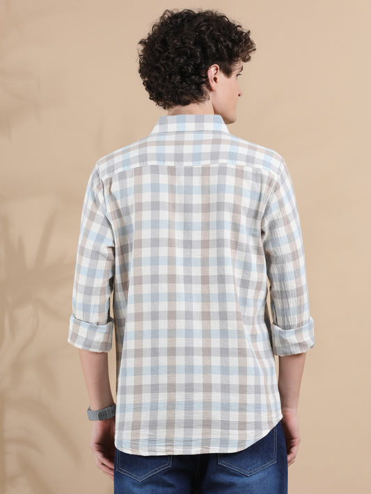 Men's Blue & Beige Checked Casual Cotton Shirt