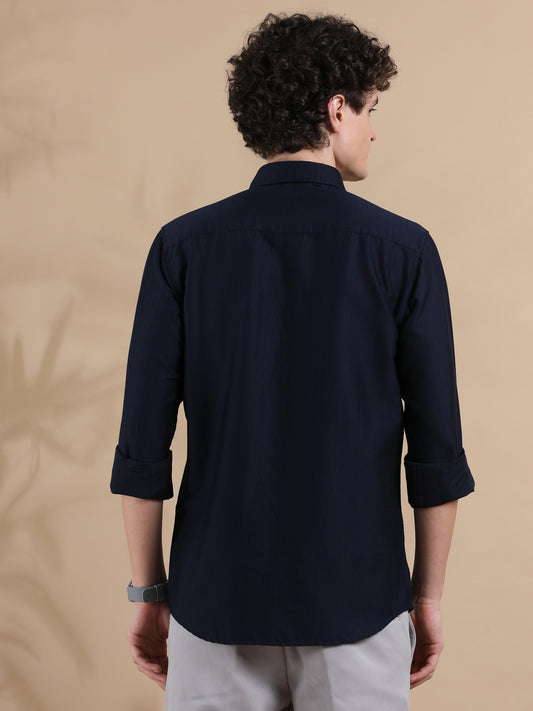 Men's Classic Navy Blue Solid Long Sleeve Casual Shirt