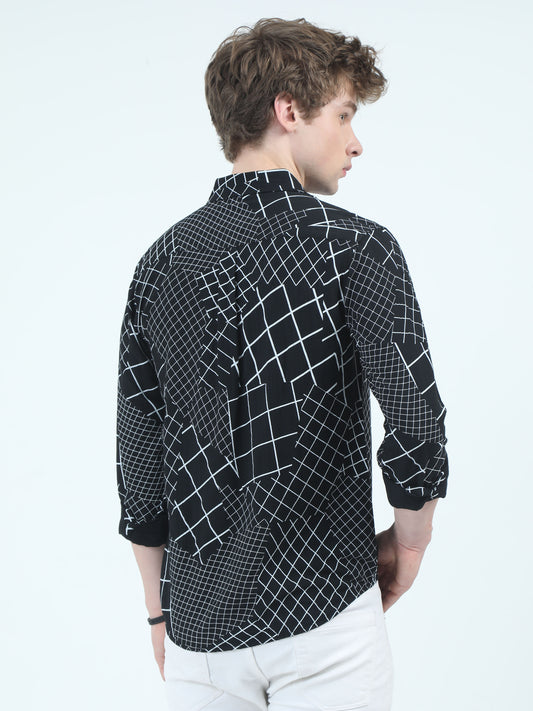 Men's Black & White Grid Patchwork Print Casual Shirt