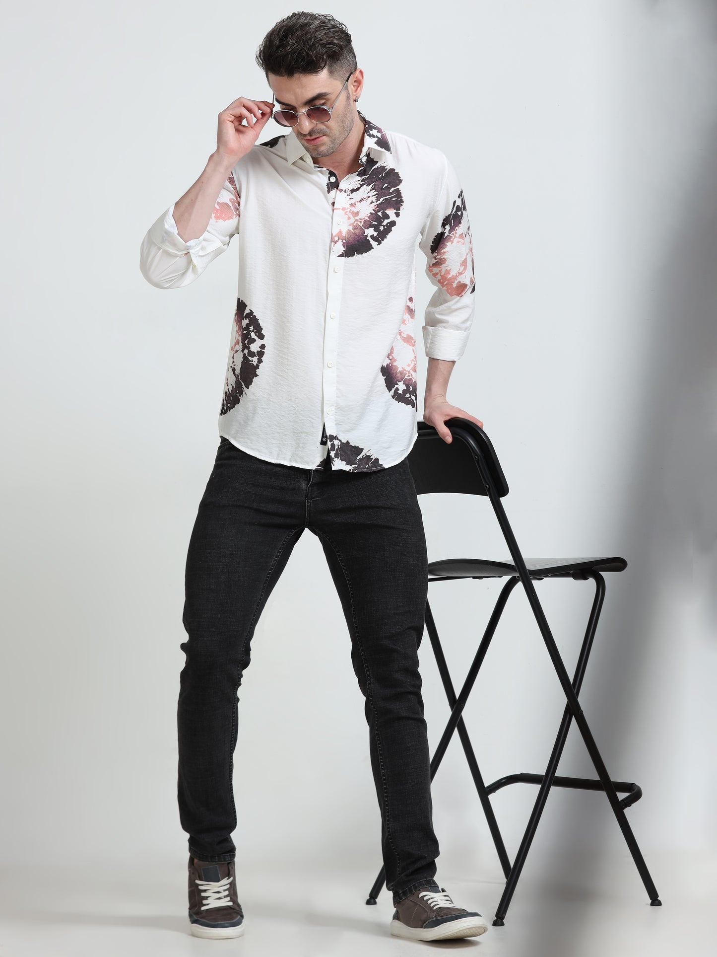 Men's Abstract Tie-Dye Inspired Print Casual Shirt – White & Charcoal Accents